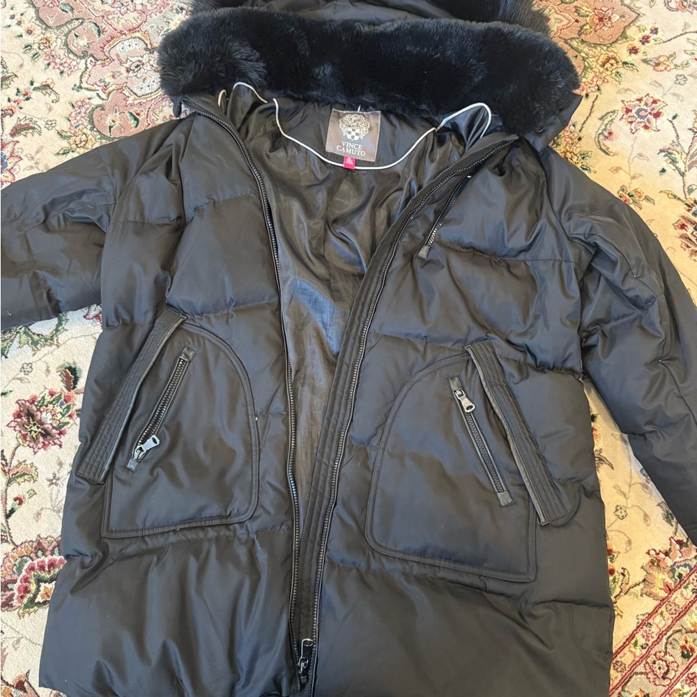 VInce Camuto Plus Black Puffer Jacket with Faux Fur Hood host pick - Picture 5 of 13